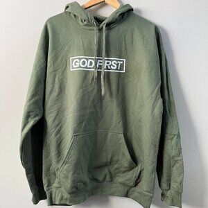 God First Hooded Sweatshirt Hoodie Green Graphic Print Gildan‎ Size Large NEW